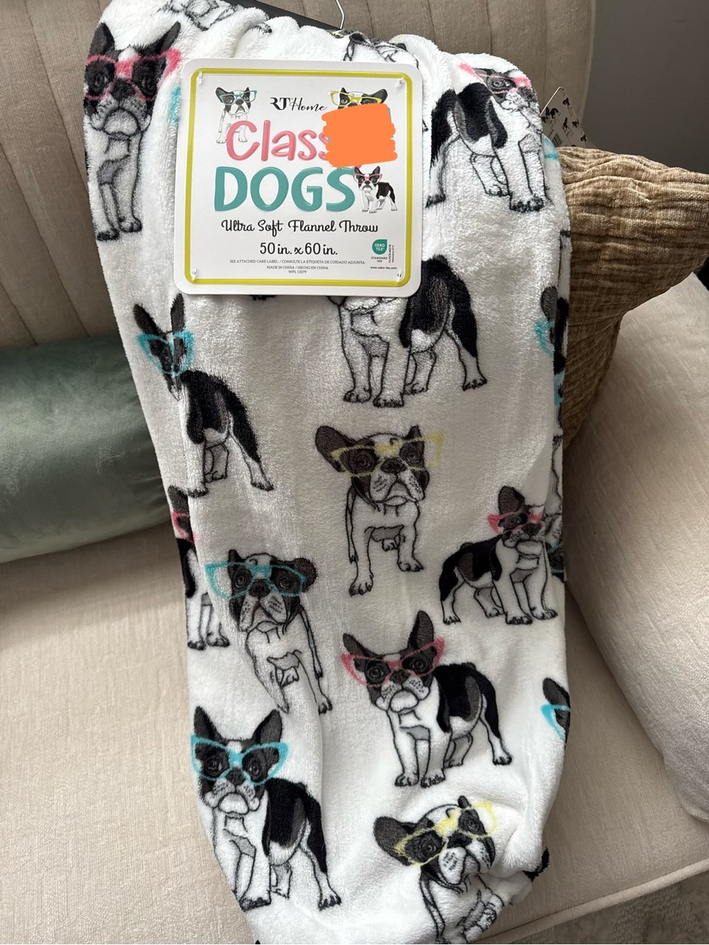 Classic Dog White Flannel Throw Blanket - Playful French Bulldog Print